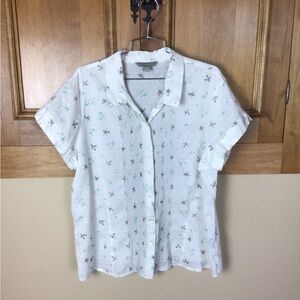 Cottage core April Cornell Swiss dot w/ birds cotton short sleeve blouse.